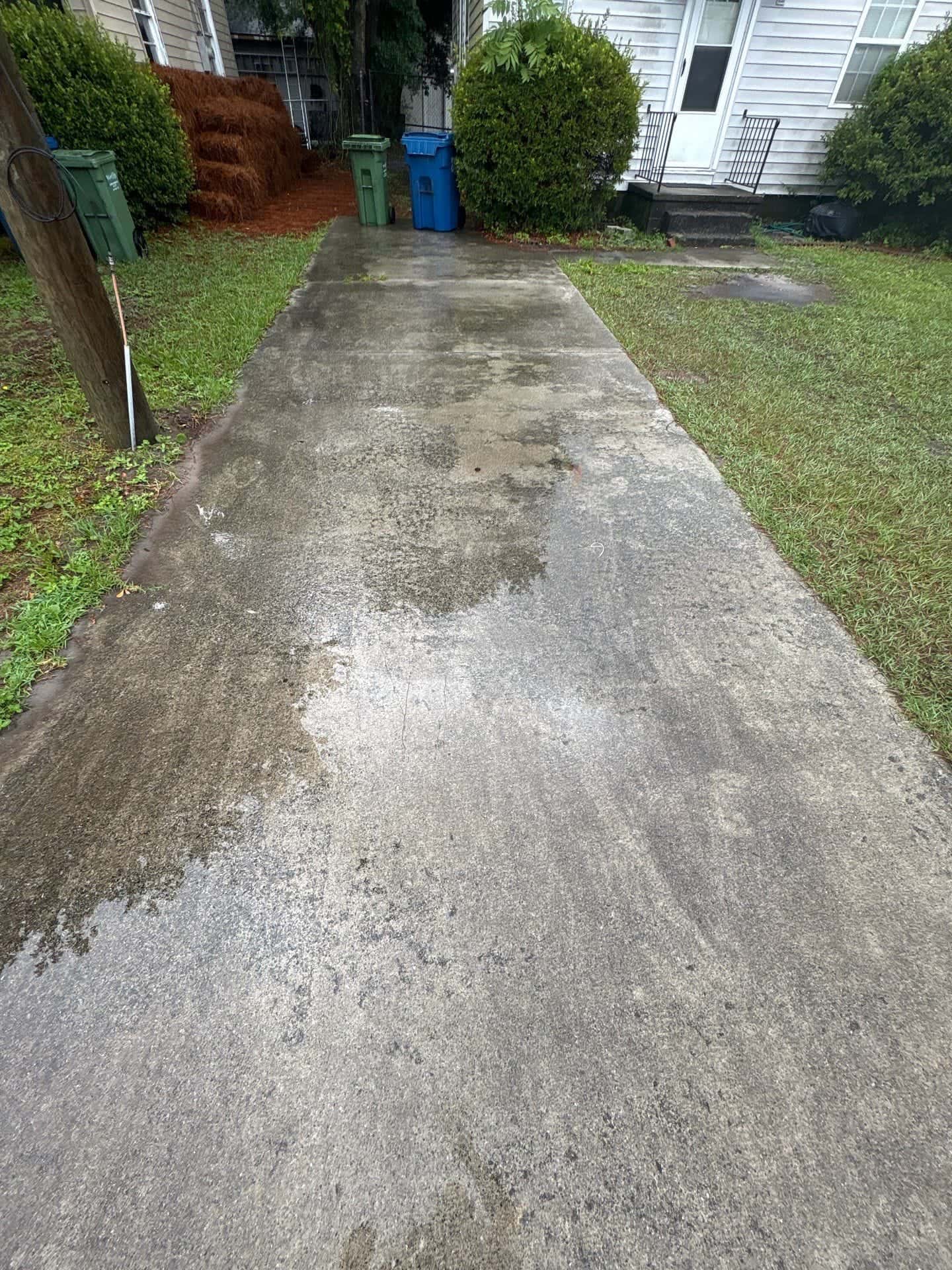 Before: Concrete driveway cleaning before and after in the Wilmington, NC area: dark stains and mold lifted from concrete